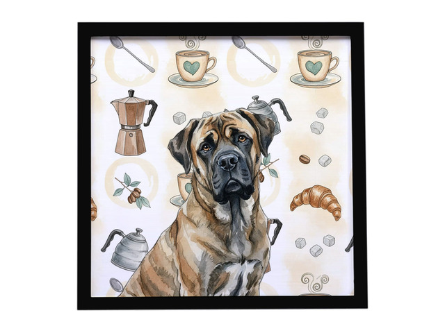Brindle Mastiff Coffee Bar Framed Metal Print Bathroom, Kitchen, Office, Home Decor Wall Art Ready to Hang, Square, 8X8