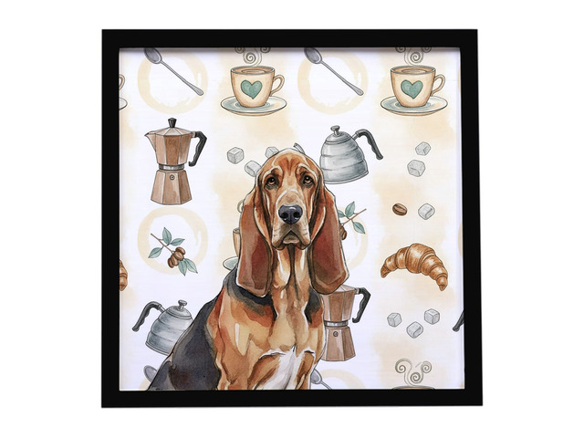 Liver and Tan Bloodhound Coffee Bar Framed Metal Print Bathroom, Kitchen, Office, Home Decor Wall Art Ready to Hang, Square, 8X8
