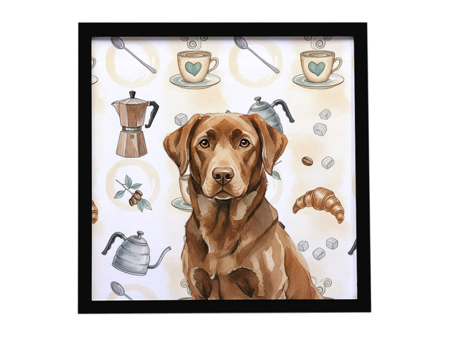 Chocolate Labrador Retriever Coffee Bar Framed Metal Print Bathroom, Kitchen, Office, Home Decor Wall Art Ready to Hang, Square, 8X8
