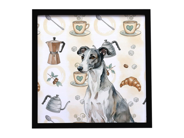 Black and White Greyhound Coffee Bar Framed Metal Print Bathroom, Kitchen, Office, Home Decor Wall Art Ready to Hang, Square, 8X8