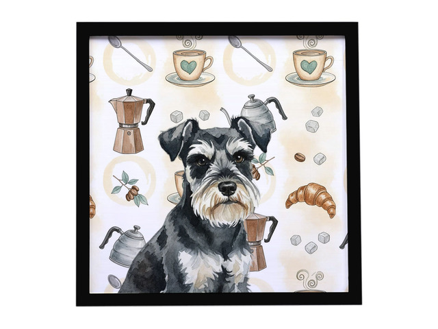 Black & Silver Miniature Schnauzer Coffee Bar Framed Metal Print Bathroom, Kitchen, Office, Home Decor Wall Art Ready to Hang, Square, 8X8