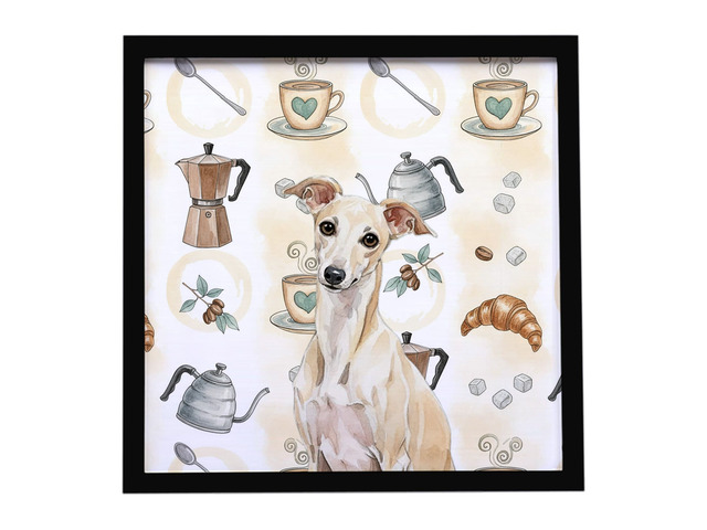 Cream Italian Greyhound Coffee Bar Framed Metal Print Bathroom, Kitchen, Office, Home Decor Wall Art Ready to Hang, Square, 8X8