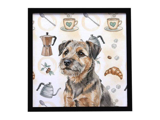 Grizzle and Tan Border Terrier Coffee Bar Framed Metal Print Bathroom, Kitchen, Office, Home Decor Wall Art Ready to Hang, Square, 8X8