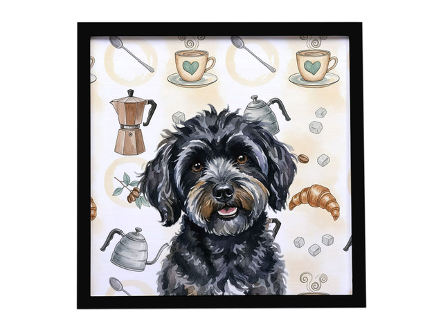 Black Havanese Coffee Bar Framed Metal Print Bathroom, Kitchen, Office, Home Decor Wall Art Ready to Hang, Square, 8X8