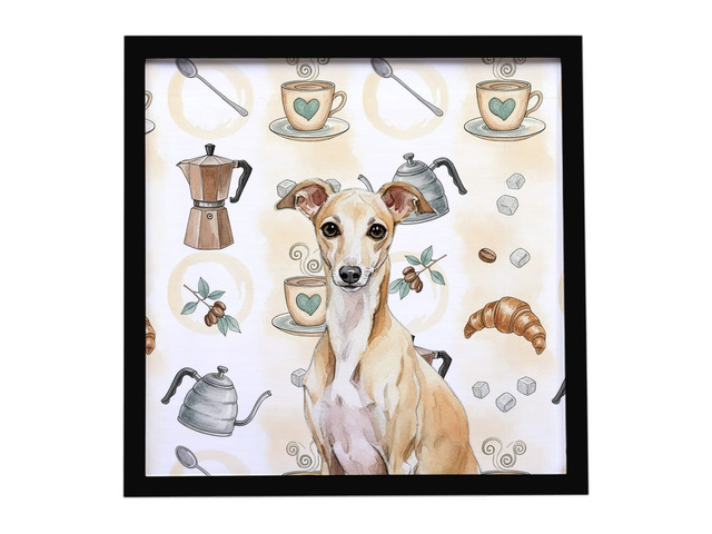 Fawn Italian Greyhound Coffee Bar Framed Metal Print Bathroom, Kitchen, Office, Home Decor Wall Art Ready to Hang, Square, 8X8