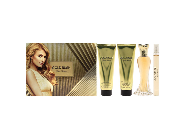 Paris Hilton Gold Rush 3.4oz EDP Spray, 0.34oz EDP Spray, 3oz Body Lotion, 3oz Shower Gel Women 4 Pc Gift Set