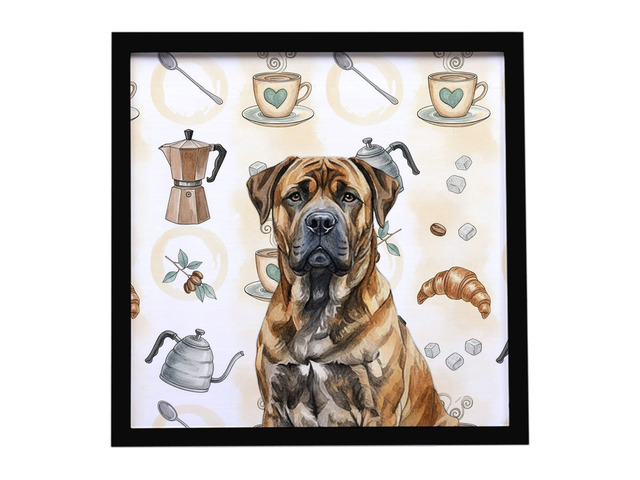 Brindle Boerboel Coffee Bar Framed Metal Print Bathroom, Kitchen, Office, Home Decor Wall Art Ready to Hang, Square, 8X8