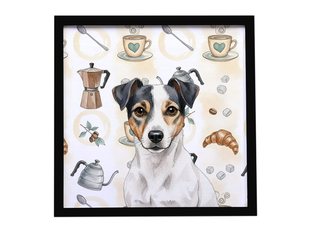 White and Black Jack Russell Terrier Coffee Bar Framed Metal Print Bathroom, Kitchen, Office, Home Decor Wall Art Ready to Hang, Square, 8X8