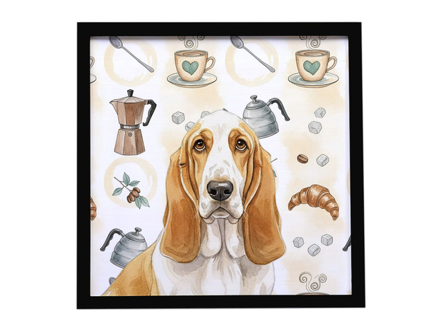 Lemon and White Basset Hound Coffee Bar Framed Metal Print Bathroom, Kitchen, Office, Home Decor Wall Art Ready to Hang, Square, 8X8