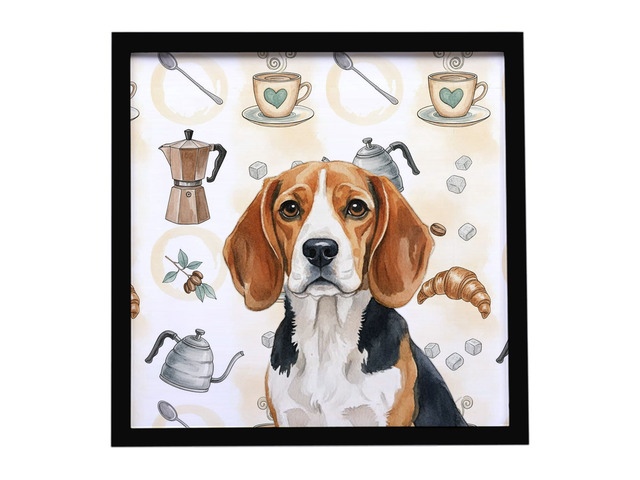 Beagle Coffee Bar Framed Metal Print Bathroom, Kitchen, Office, Home Decor Wall Art Ready to Hang, Square, 8X8