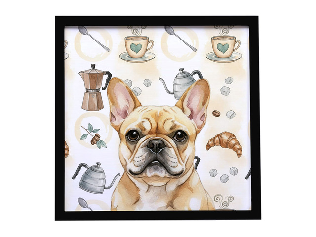 Fawn French Bulldog Coffee Bar Framed Metal Print Bathroom, Kitchen, Office, Home Decor Wall Art Ready to Hang, Square, 8X8