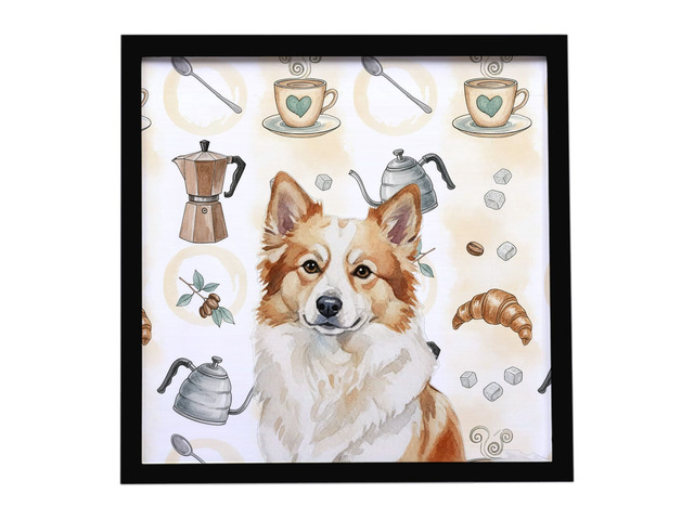 Tan Icelandic Sheepdog Coffee Bar Framed Metal Print Bathroom, Kitchen, Office, Home Decor Wall Art Ready to Hang, Square, 8X8
