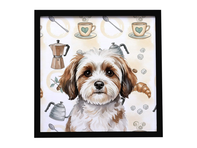 Parti-color Havanese Coffee Bar Framed Metal Print Bathroom, Kitchen, Office, Home Decor Wall Art Ready to Hang, Square, 8X8