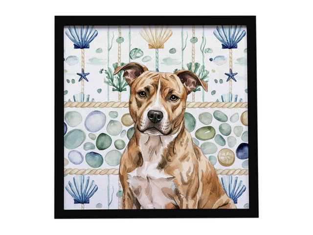 Brindle American Staffordshire Terrier Coastal Sea Glass Framed Metal Print Bathroom, Kitchen, Office, Home Decor Wall Art Ready to Hang, Square, 8X8
