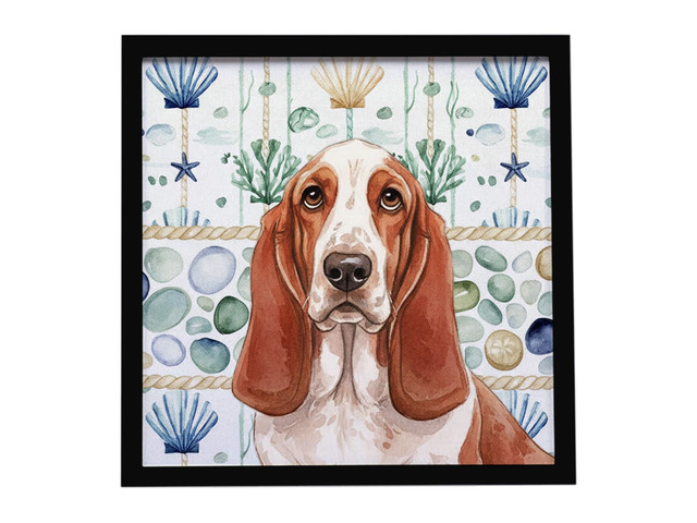 Red and White Basset Hound Coastal Sea Glass Framed Metal Print Bathroom, Kitchen, Office, Home Decor Wall Art Ready to Hang, Square, 8X8