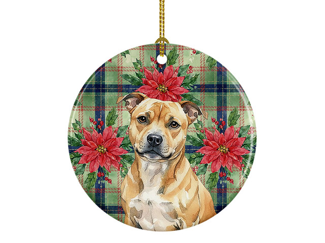 Fawn Staffordshire Bull Terrier Christmas PoinsettIas Ceramic Ornament Christmas Tree Hanging Decorations for Home Christmas Holiday, Party, Gift,...