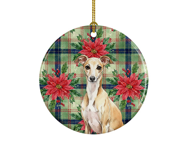 Fawn Italian Greyhound Christmas PoinsettIas Ceramic Ornament Christmas Tree Hanging Decorations for Home Christmas Holiday, Party, Gift, 3 in,...