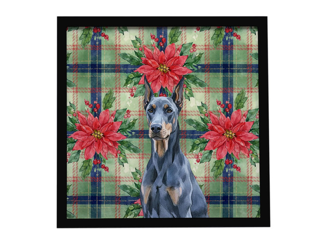 Blue Doberman Pinscher Christmas PoinsettIas Framed Metal Print Bathroom, Kitchen, Office, Home Decor Wall Art Ready to Hang, Square, 8X8