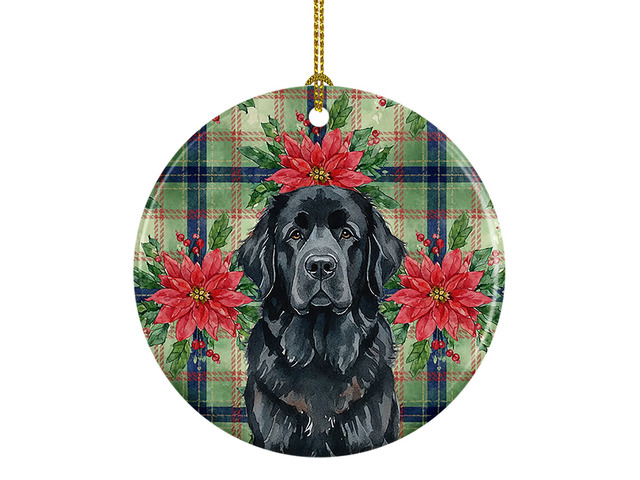 Black Newfoundland Christmas PoinsettIas Ceramic Ornament Christmas Tree Hanging Decorations for Home Christmas Holiday, Party, Gift, 3 in, Multicolor