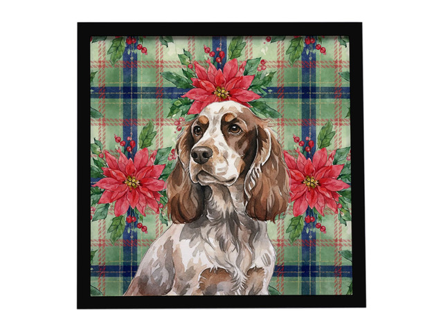 Liver Roan English Cocker Spaniel Christmas PoinsettIas Framed Metal Print Bathroom, Kitchen, Office, Home Decor Wall Art Ready to Hang, Square, 8X8