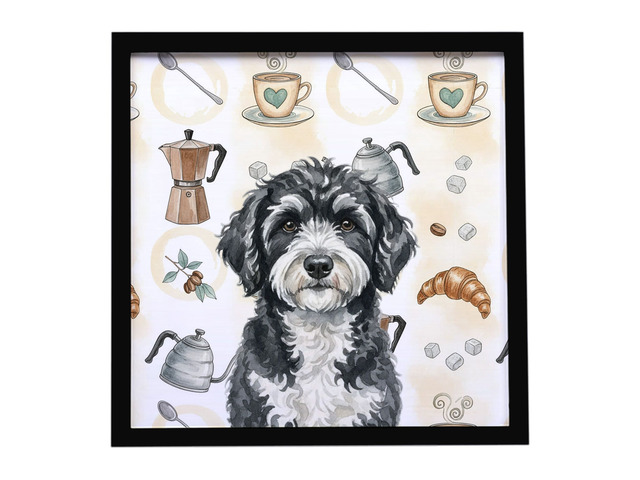 Portuguese Water Dog Coffee Bar Framed Metal Print Bathroom, Kitchen, Office, Home Decor Wall Art Ready to Hang, Square, 8X8