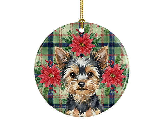 Black and Tan Yorkshire Terrier Christmas PoinsettIas Ceramic Ornament Christmas Tree Hanging Decorations for Home Christmas Holiday, Party, Gift,...