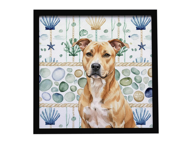 Fawn American Staffordshire Terrier Coastal Sea Glass Framed Metal Print Bathroom, Kitchen, Office, Home Decor Wall Art Ready to Hang, Square, 8X8