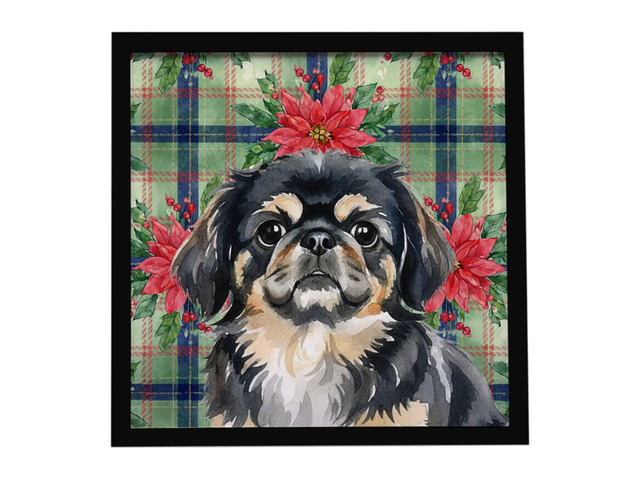 Black and Tan Pekingese Christmas PoinsettIas Framed Metal Print Bathroom, Kitchen, Office, Home Decor Wall Art Ready to Hang, Square, 8X8