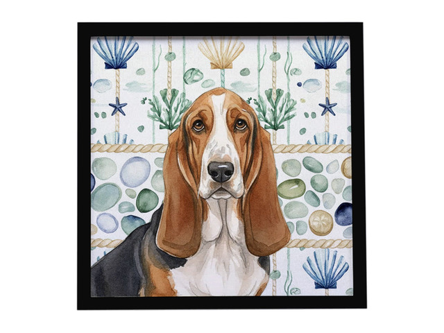Tricolor and White Basset Hound Coastal Sea Glass Framed Metal Print Bathroom, Kitchen, Office, Home Decor Wall Art Ready to Hang, Square, 8X8