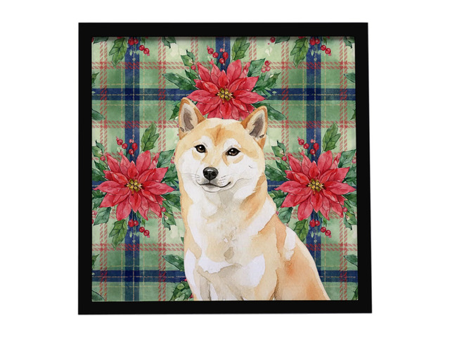 Cream Shiba Inu Christmas PoinsettIas Framed Metal Print Bathroom, Kitchen, Office, Home Decor Wall Art Ready to Hang, Square, 8X8