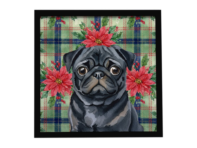 Black Pug Christmas PoinsettIas Framed Metal Print Bathroom, Kitchen, Office, Home Decor Wall Art Ready to Hang, Square, 8X8