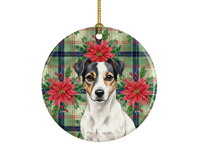 White and Black Jack Russell Terrier Christmas PoinsettIas Ceramic Ornament Christmas Tree Hanging Decorations for Home Christmas Holiday, Party,...