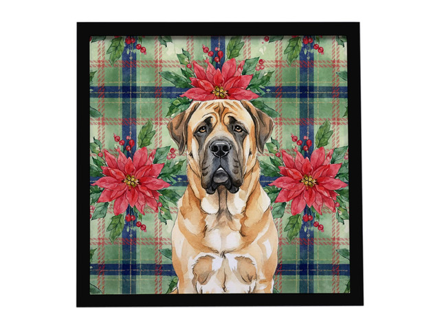 Apricot English Mastiff Christmas PoinsettIas Framed Metal Print Bathroom, Kitchen, Office, Home Decor Wall Art Ready to Hang, Square, 8X8