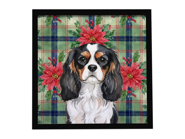 Tricolor Cavalier Spaniel Christmas PoinsettIas Framed Metal Print Bathroom, Kitchen, Office, Home Decor Wall Art Ready to Hang, Square, 8X8