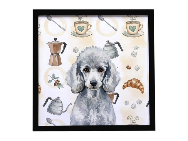 Standard Silver Poodle Coffee Bar Framed Metal Print Bathroom, Kitchen, Office, Home Decor Wall Art Ready to Hang, Square, 8X8