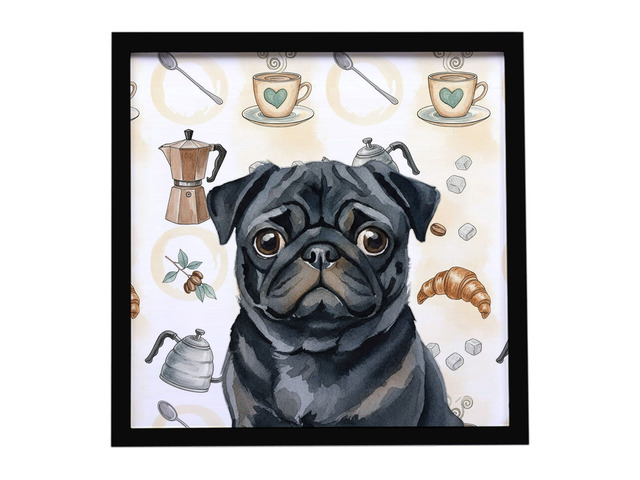 Black Pug Coffee Bar Framed Metal Print Bathroom, Kitchen, Office, Home Decor Wall Art Ready to Hang, Square, 8X8