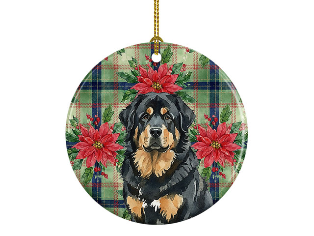 Black and Tan Tibetan Mastiff Christmas PoinsettIas Ceramic Ornament Christmas Tree Hanging Decorations for Home Christmas Holiday, Party, Gift, 3...