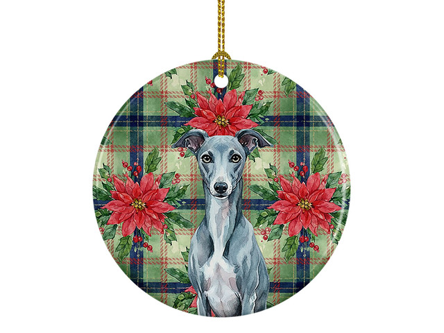 Blue Whippet Christmas PoinsettIas Ceramic Ornament Christmas Tree Hanging Decorations for Home Christmas Holiday, Party, Gift, 3 in, Multicolor