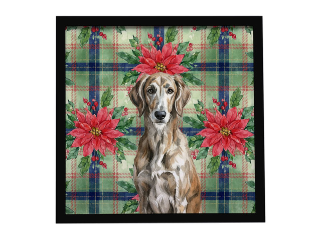 Brindle Scottish Deerhound Christmas PoinsettIas Framed Metal Print Bathroom, Kitchen, Office, Home Decor Wall Art Ready to Hang, Square, 8X8