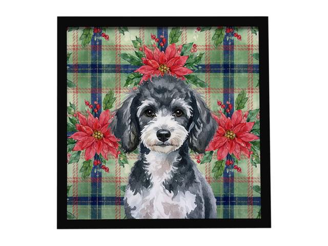 Miniature Parti Poodle Christmas PoinsettIas Framed Metal Print Bathroom, Kitchen, Office, Home Decor Wall Art Ready to Hang, Square, 8X8