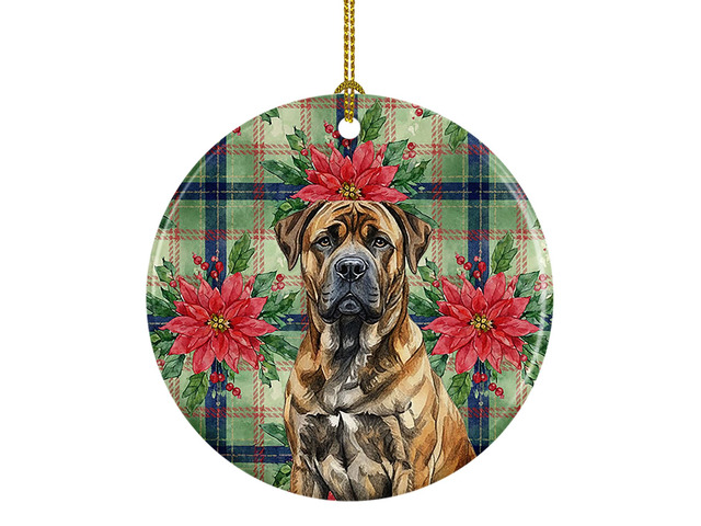 Brindle Boerboel Christmas PoinsettIas Ceramic Ornament Christmas Tree Hanging Decorations for Home Christmas Holiday, Party, Gift, 3 in, Multicolor