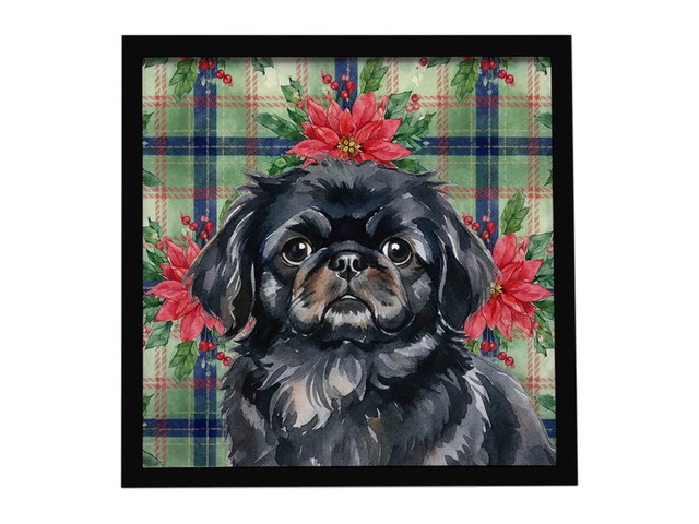 Black Pekingese Christmas PoinsettIas Framed Metal Print Bathroom, Kitchen, Office, Home Decor Wall Art Ready to Hang, Square, 8X8