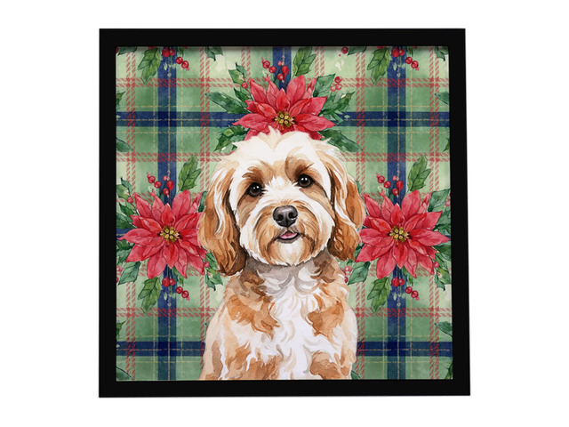 Cavapoo Christmas PoinsettIas Framed Metal Print Bathroom, Kitchen, Office, Home Decor Wall Art Ready to Hang, Square, 8X8