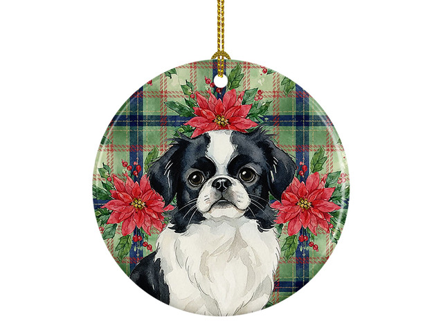 Black and White Japanese Chin Christmas PoinsettIas Ceramic Ornament Christmas Tree Hanging Decorations for Home Christmas Holiday, Party, Gift, 3...