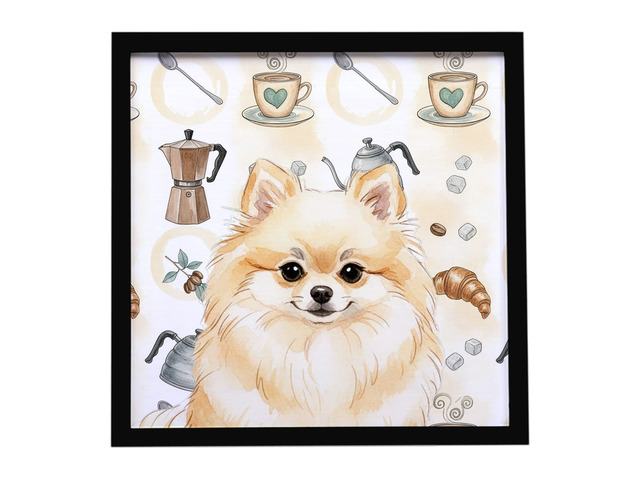 Cream Pomeranian Coffee Bar Framed Metal Print Bathroom, Kitchen, Office, Home Decor Wall Art Ready to Hang, Square, 8X8