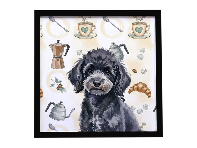 Toy Black Poodle Coffee Bar Framed Metal Print Bathroom, Kitchen, Office, Home Decor Wall Art Ready to Hang, Square, 8X8