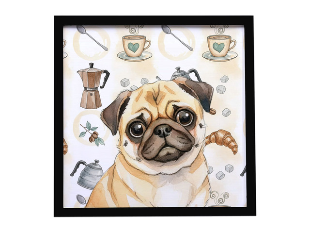 Fawn Pug Coffee Bar Framed Metal Print Bathroom, Kitchen, Office, Home Decor Wall Art Ready to Hang, Square, 8X8