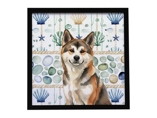 Sesame Akita Coastal Sea Glass Framed Metal Print Bathroom, Kitchen, Office, Home Decor Wall Art Ready to Hang, Square, 8X8