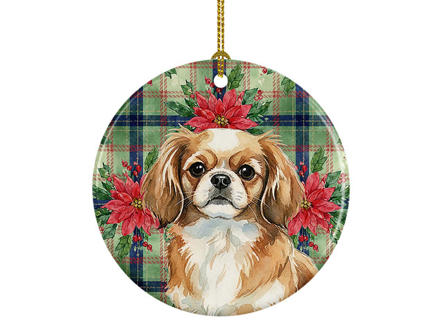 Tibetan Spaniel Christmas PoinsettIas Ceramic Ornament Christmas Tree Hanging Decorations for Home Christmas Holiday, Party, Gift, 3 in, Multicolor
