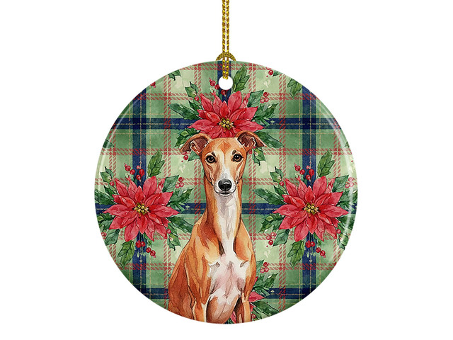 Red Whippet Christmas PoinsettIas Ceramic Ornament Christmas Tree Hanging Decorations for Home Christmas Holiday, Party, Gift, 3 in, Multicolor